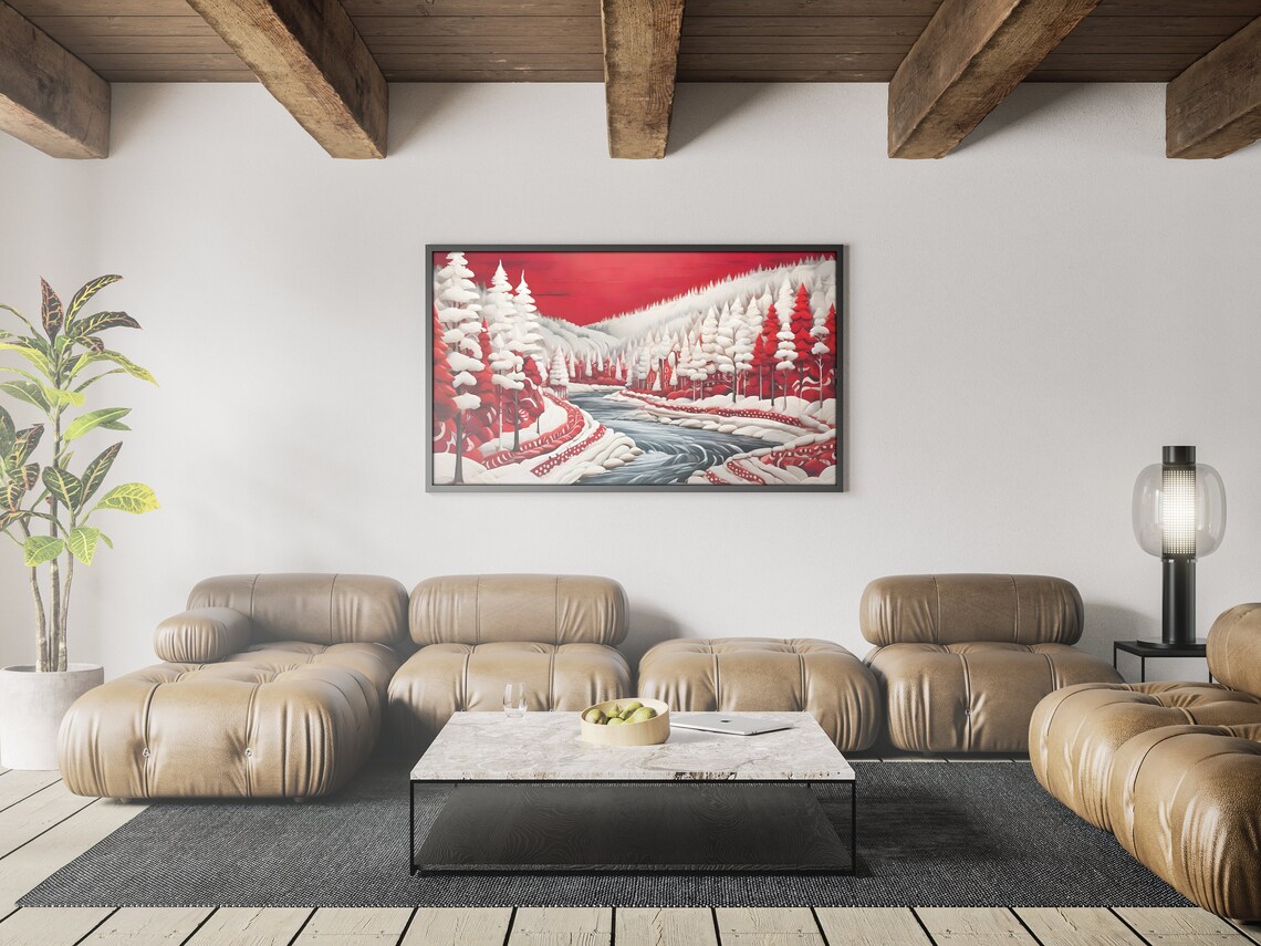 Folk Art Red White Forest River Snowy Sky Winter Landscape Poster - Image 3