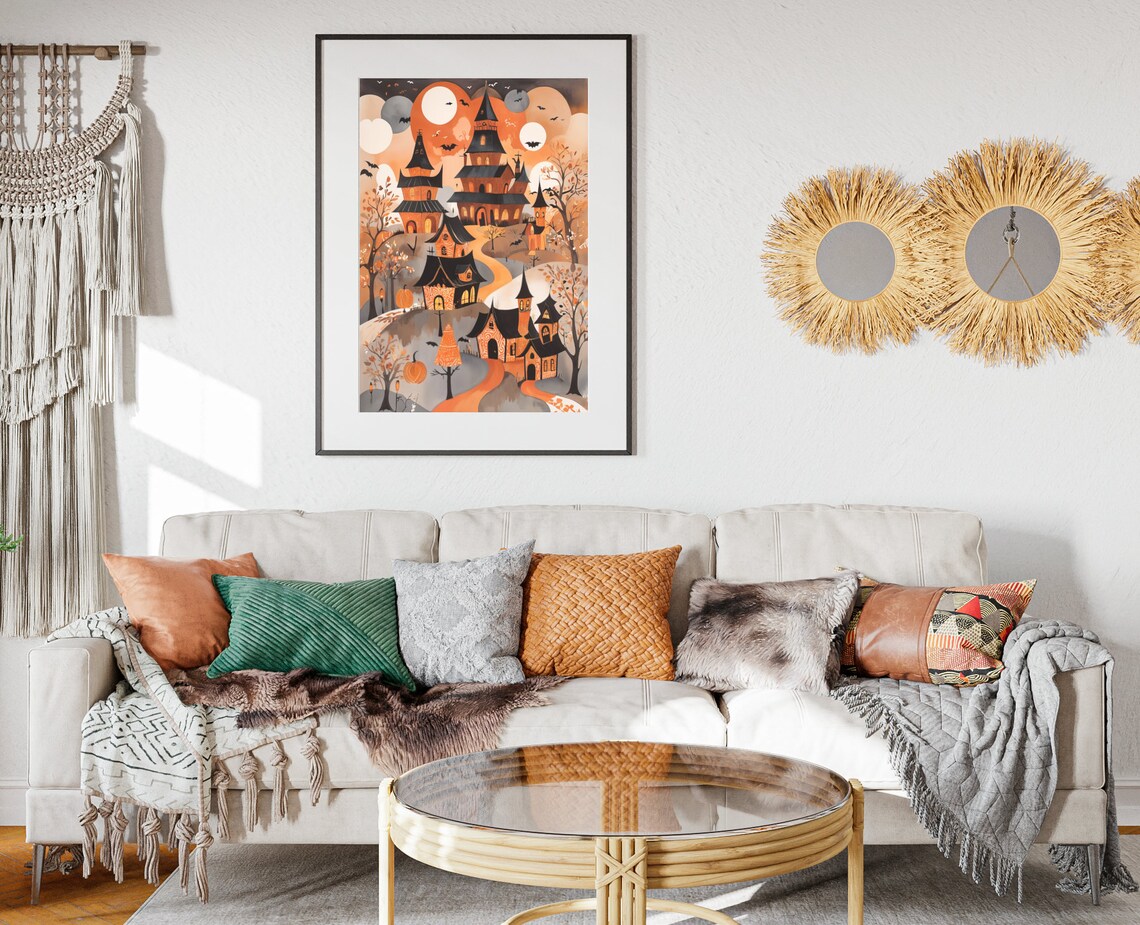 Abstract Halloween Town Crooked Houses Glowing Moons Bats Poster - Image 2