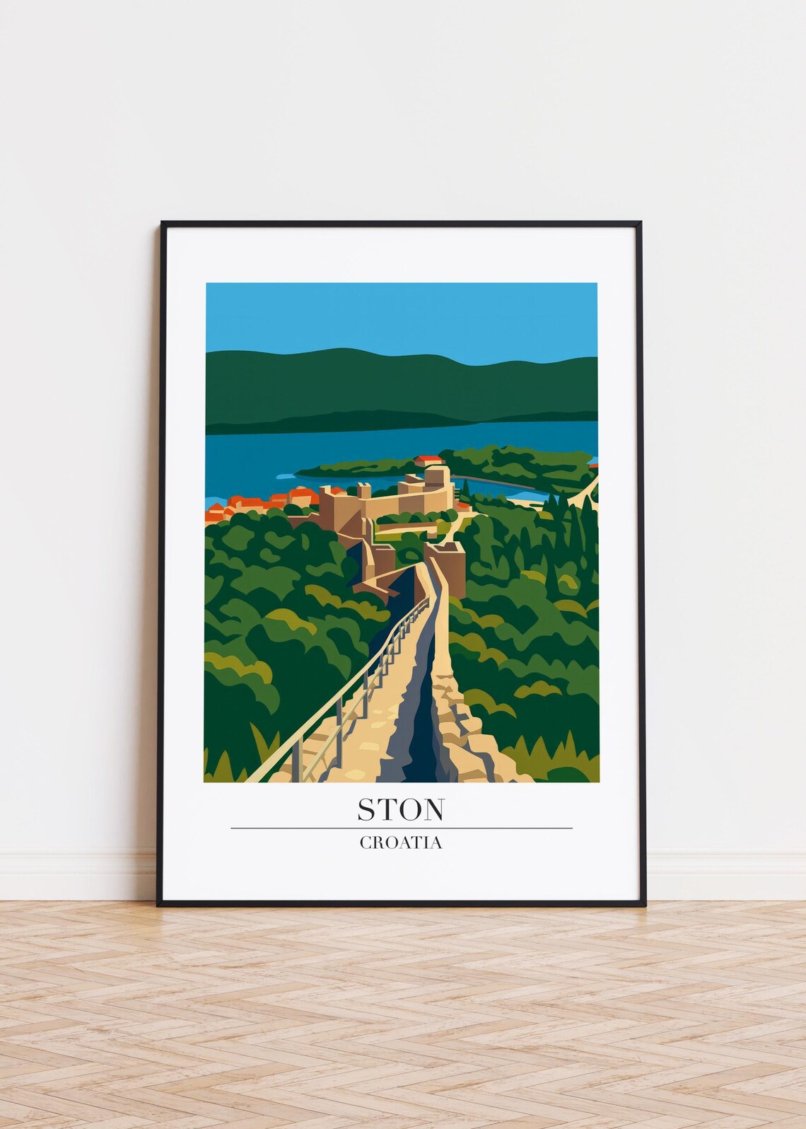 Ston Croatia Medieval Stone Walls Fortress Bay Green Hills Travel Poster