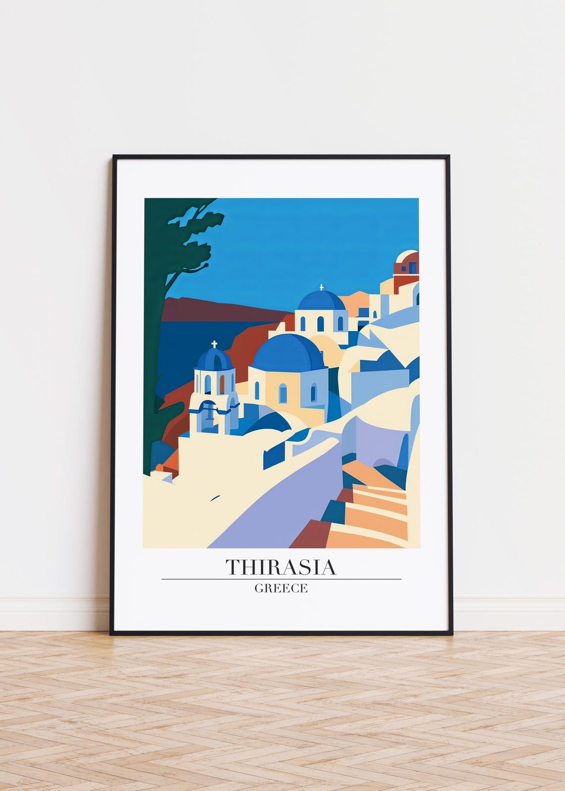 Thirasia Greece Blue Domed Churches Cliffs Illustration Poster