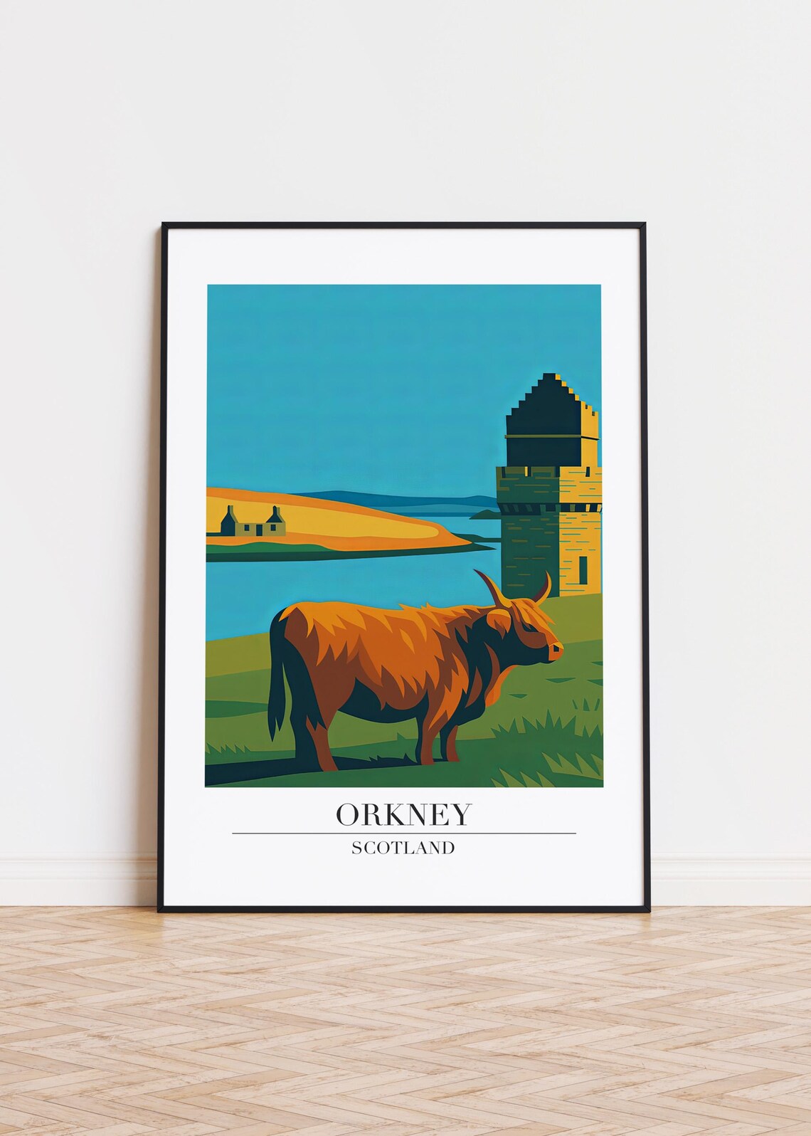 Orkney Scotland Highland Cow Coastal Tower Modern Travel Poster
