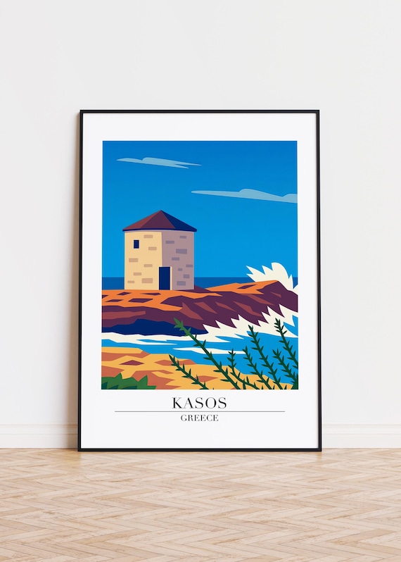 Kasos Greece Stone Tower Rocky Shore Minimalist Travel Poster