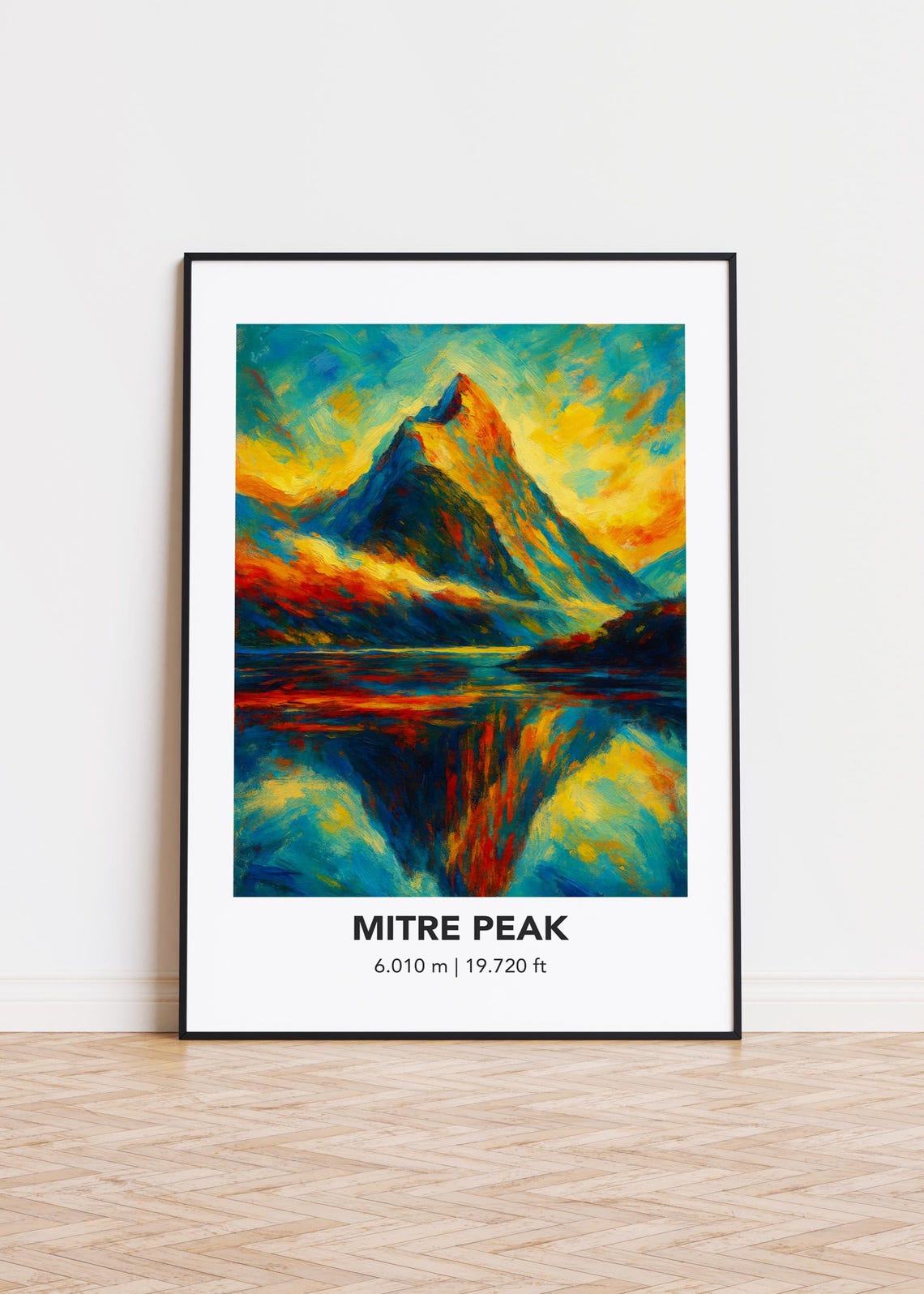 Mitre Peak Mountain Lake Reflection Colorful Oil Painting Poster