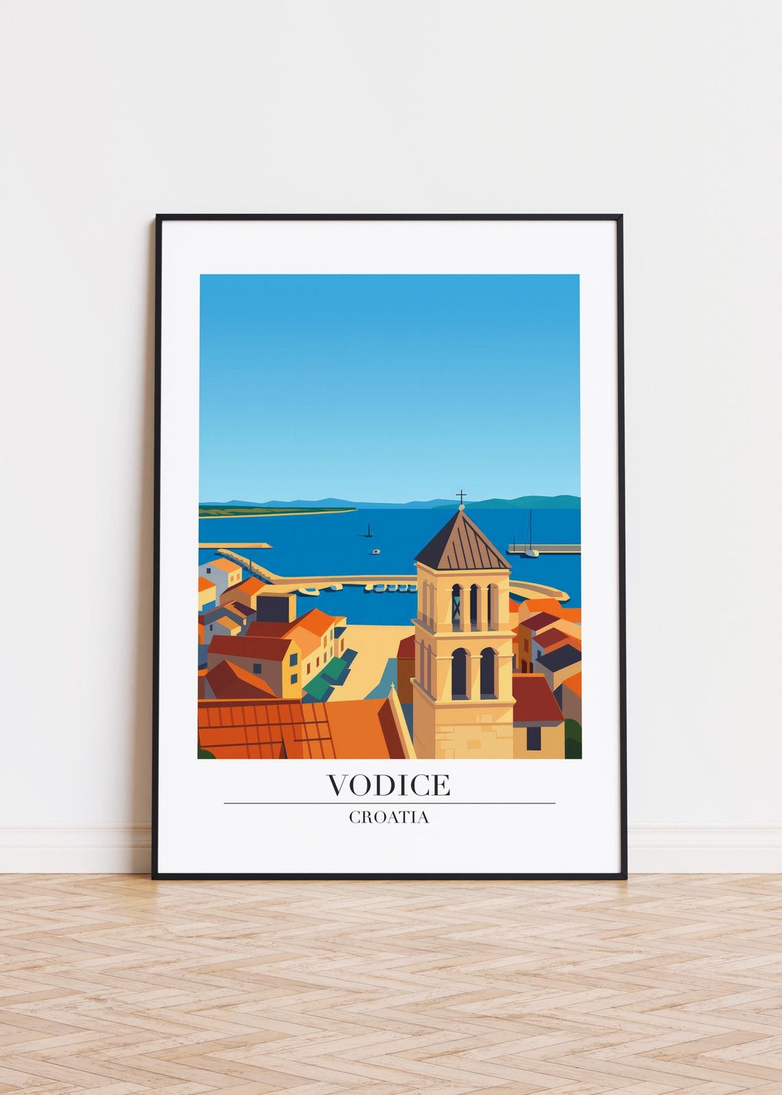 Vodice Croatia Bell Tower Harbor Rooftops Modern Travel Poster Art