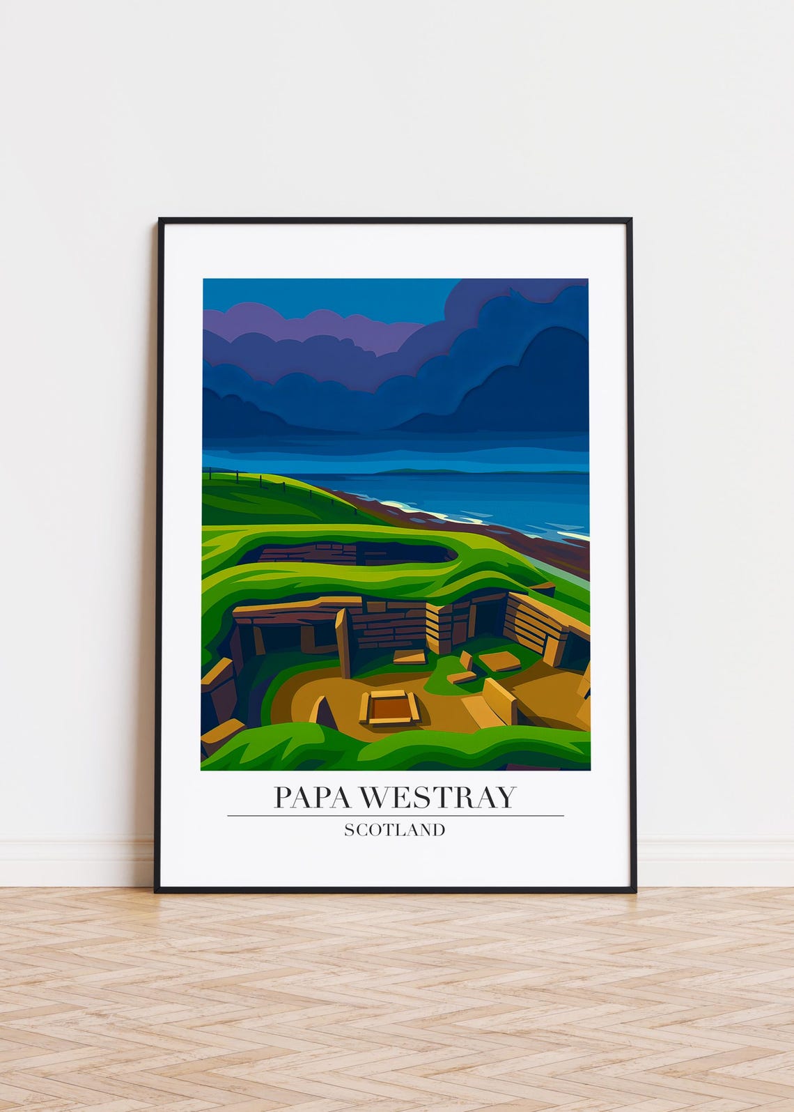 Papa Westray Scotland Ancient Ruins Dusk Sea Modern Travel Poster