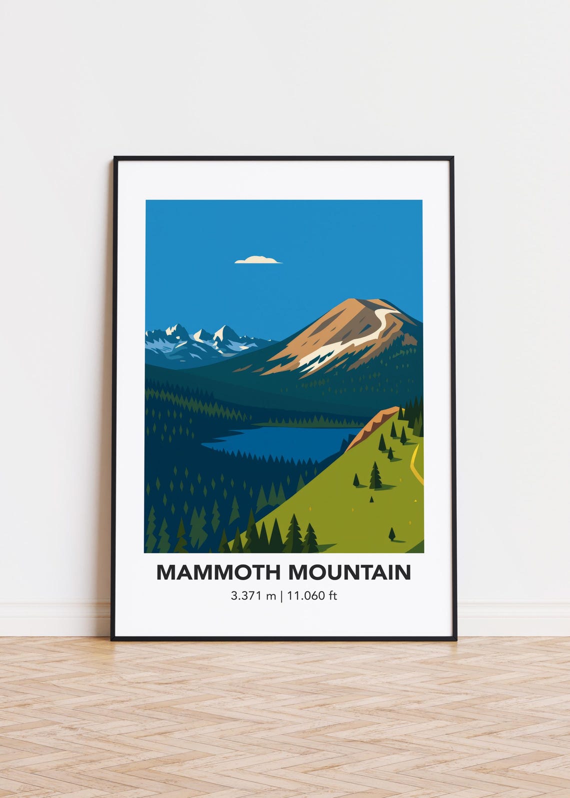 Mammoth Mountain Snowy Alpine Lake Valley Travel Illustration Poster