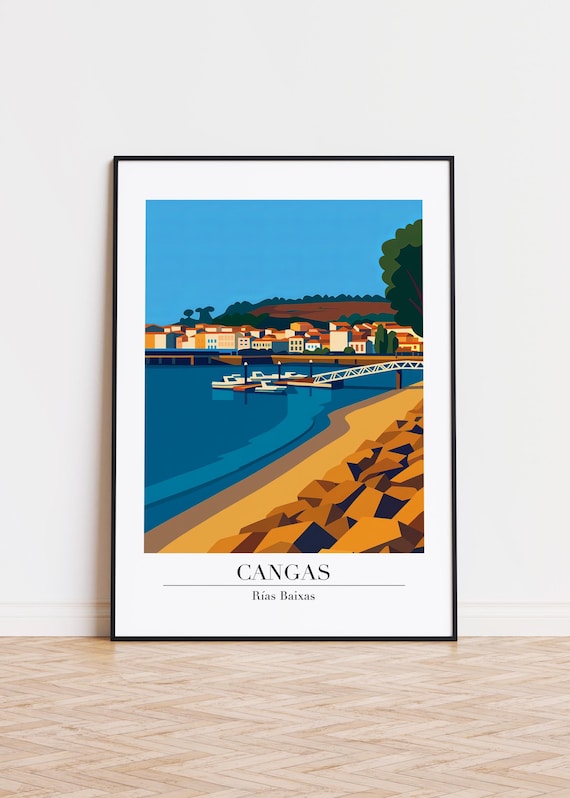 Cangas Rías Baixas Travel Poster Harbor Bridge Beach Town Artwork