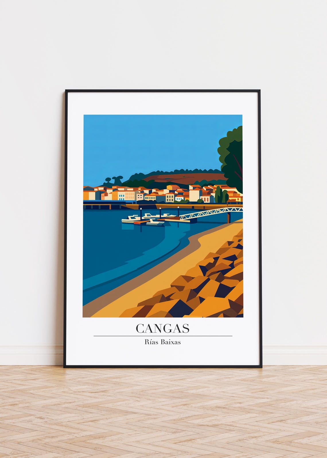 Cangas Rías Baixas Travel Poster Harbor Bridge Beach Town Artwork