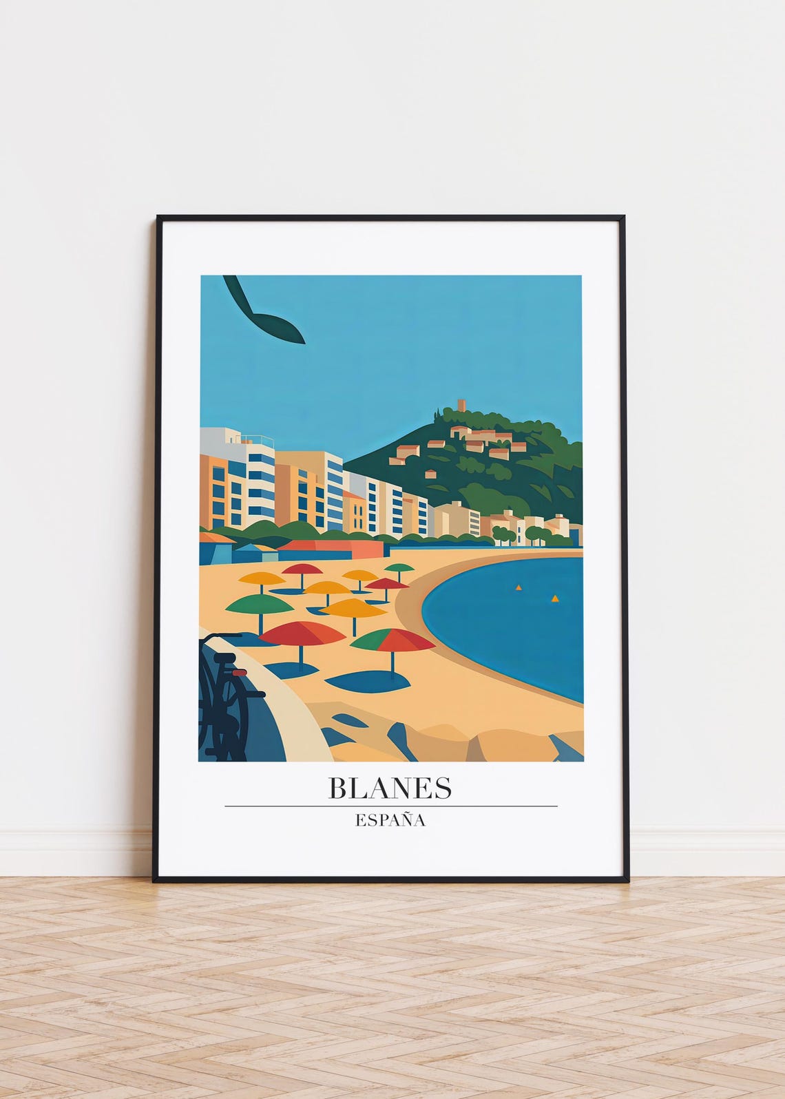 Blanes Spain Beach Umbrellas Hotel Shore Hill Town Travel Poster
