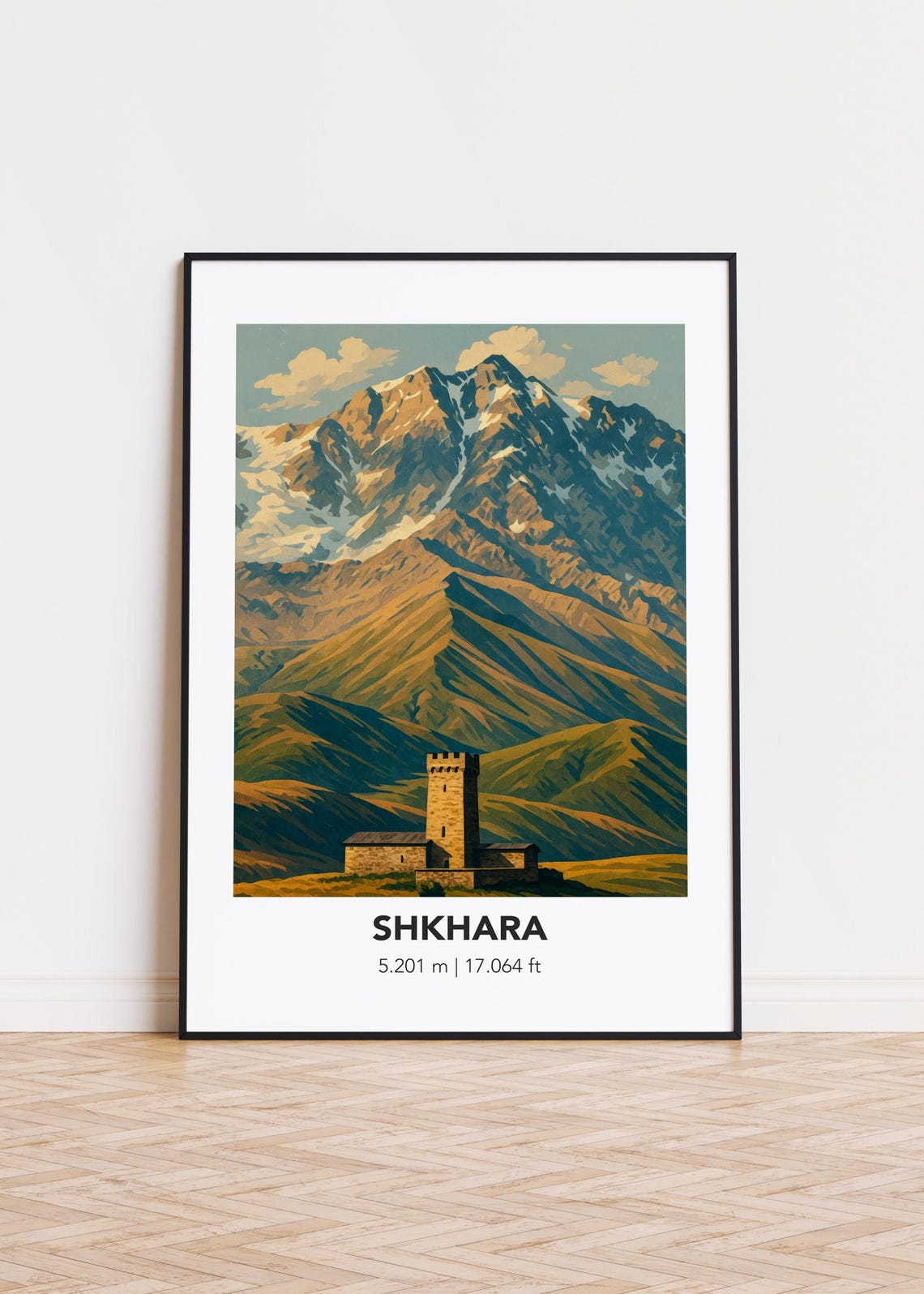 Shkhara Snowy Caucasus Peak 5201 Meters Stone Tower Art Poster