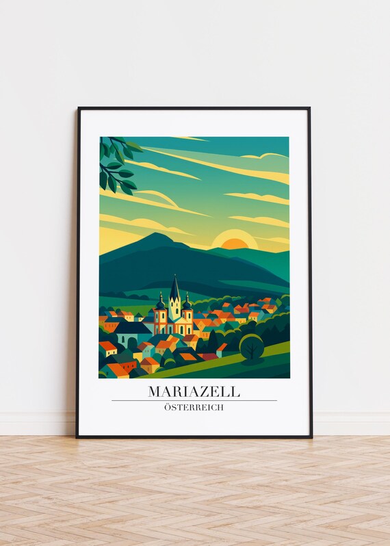 Mariazell Austria Travel Poster Alpine Town Sunset Illustration Wall Decor Gift