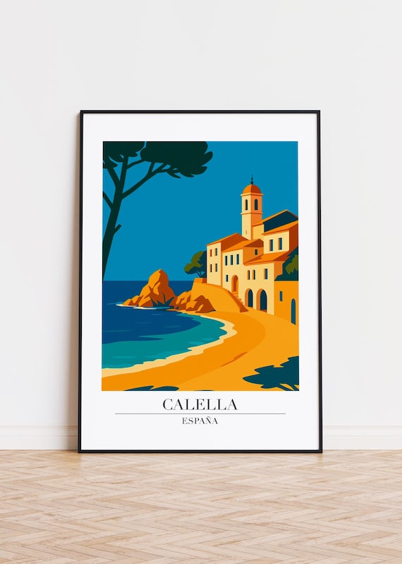 Calella España Coastal Church Beach Modern Travel Illustration Poster
