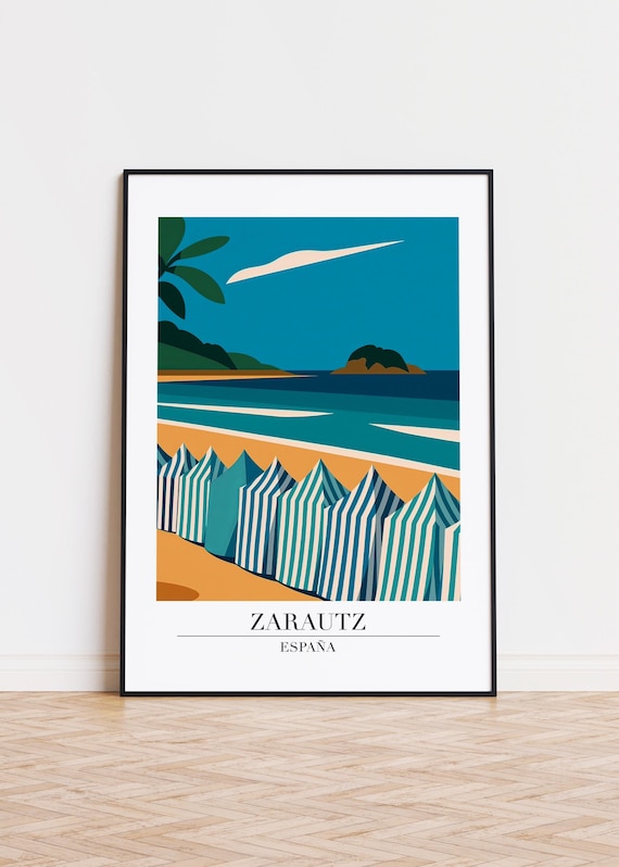 Zarautz Spain Striped Beach Huts Seaside Modern Travel Poster