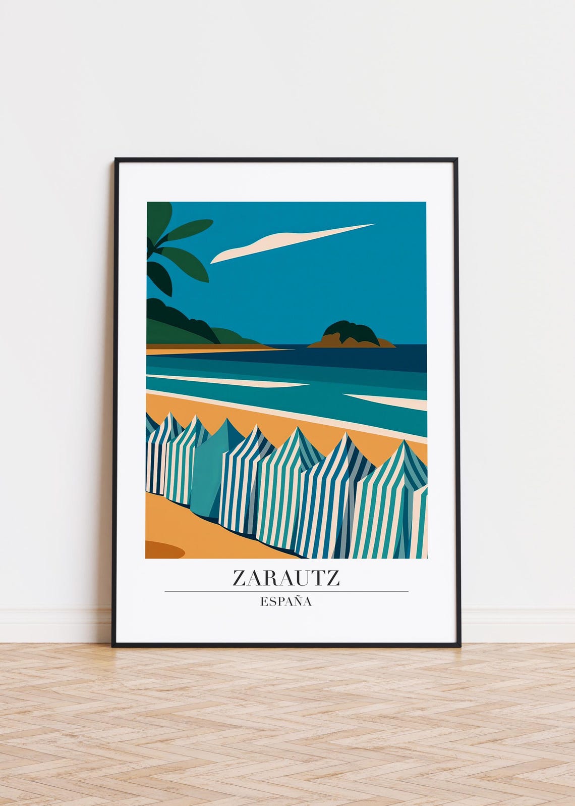 Zarautz Spain Striped Beach Huts Seaside Modern Travel Poster
