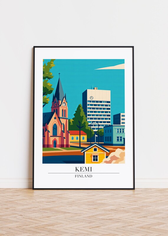 Kemi Finland Church And Clock Tower Colorful Travel Poster Art