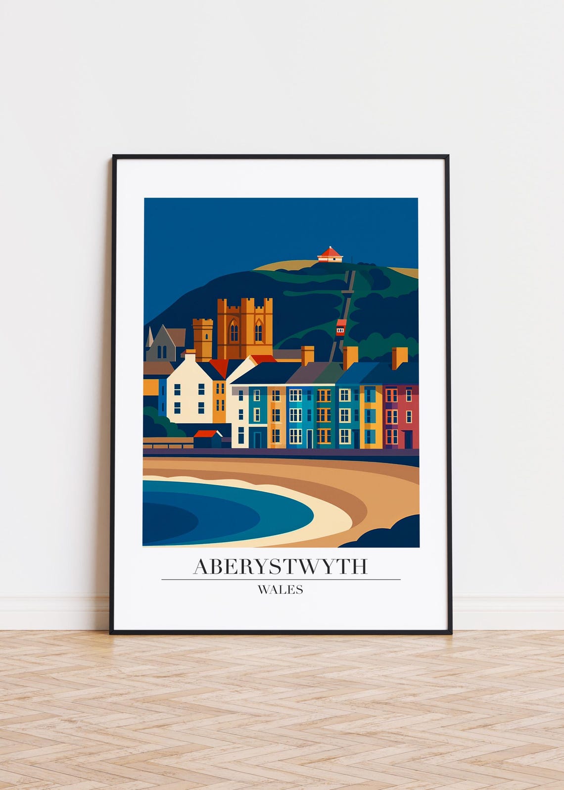 Aberystwyth Wales Beachfront Row Houses Modern Travel Art Poster