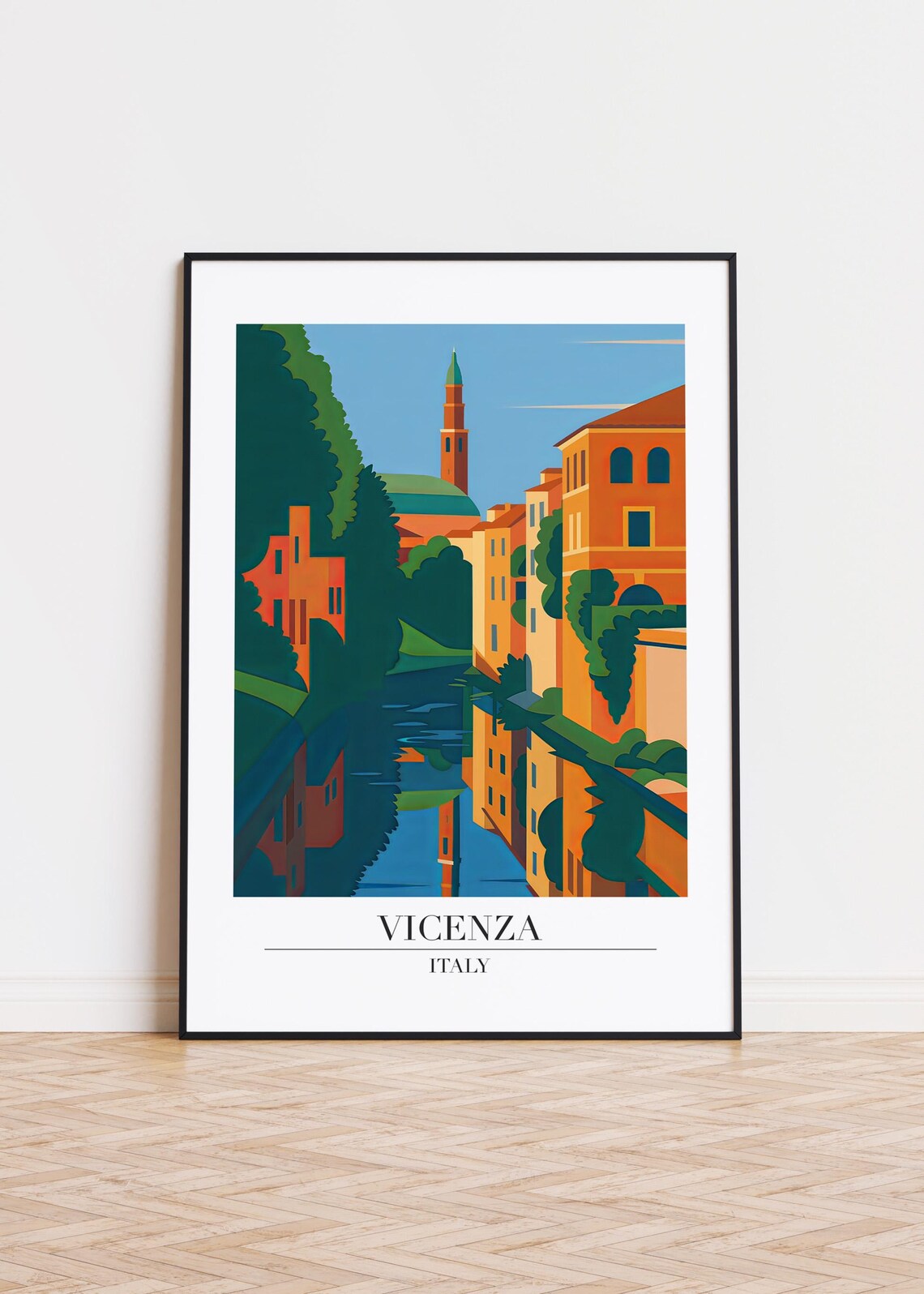 Vicenza Italy Canal Reflection Riverside Buildings Modern Travel Poster
