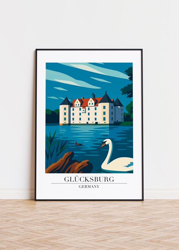 Glücksburg Germany Swan Lake Castle Travel Illustration Poster