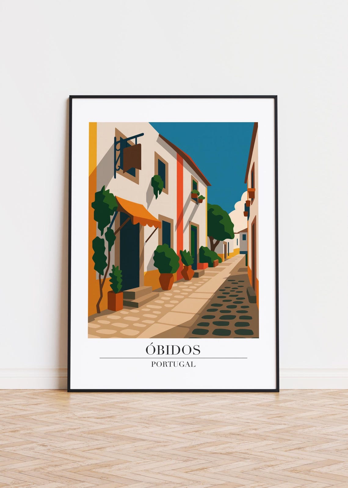 Óbidos Portugal Whitewashed Street Cobblestones Awning Travel Poster