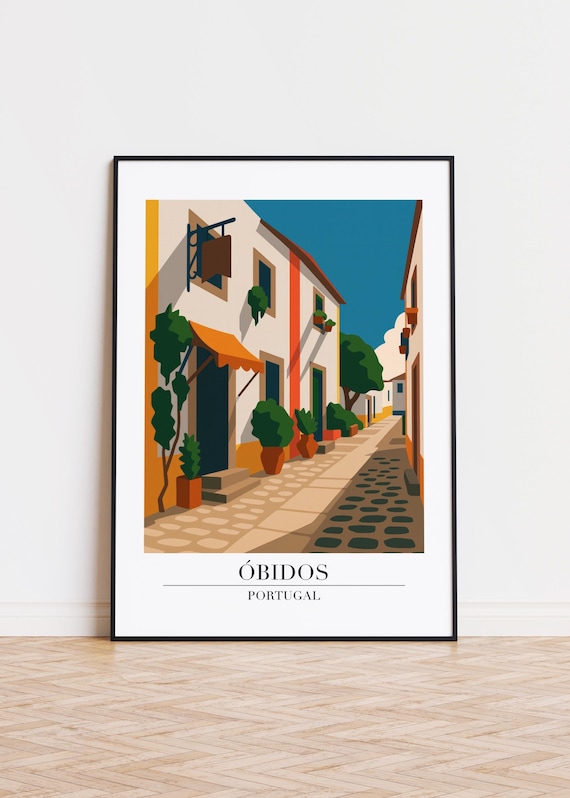 Óbidos Portugal Whitewashed Street Cobblestones Awning Travel Poster