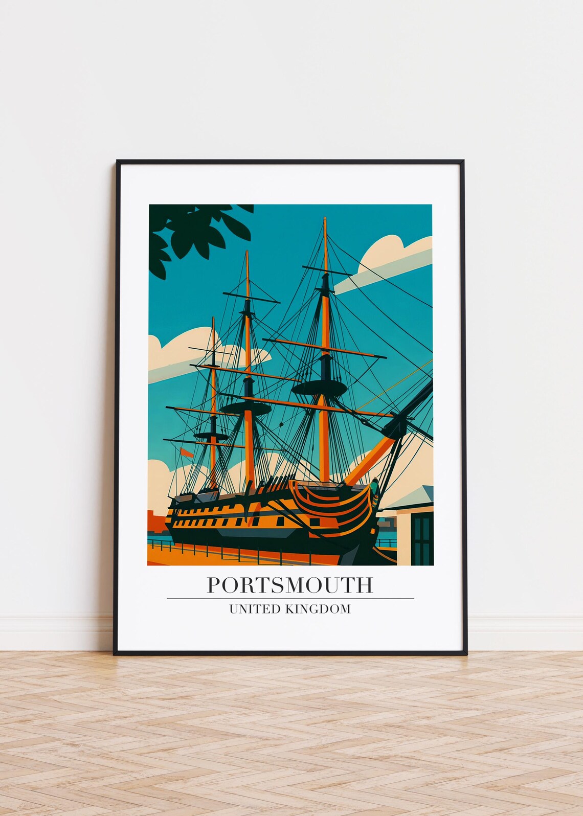 Portsmouth United Kingdom Historic Tall Ship Harbor Travel Poster