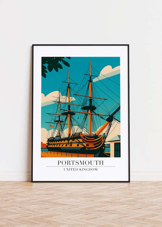 Portsmouth United Kingdom Historic Tall Ship Harbor Travel Poster