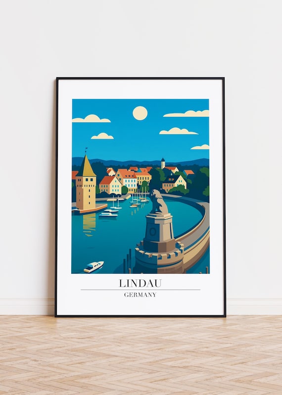 Lindau Germany Harbor Lion Statue Lake Retro Travel Art Poster