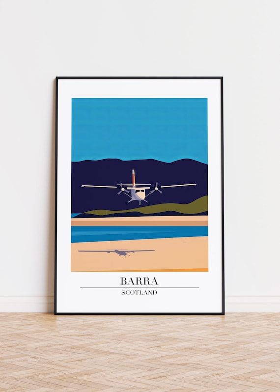 Barra Scotland Plane Landing Sandy Beach Retro Travel Poster