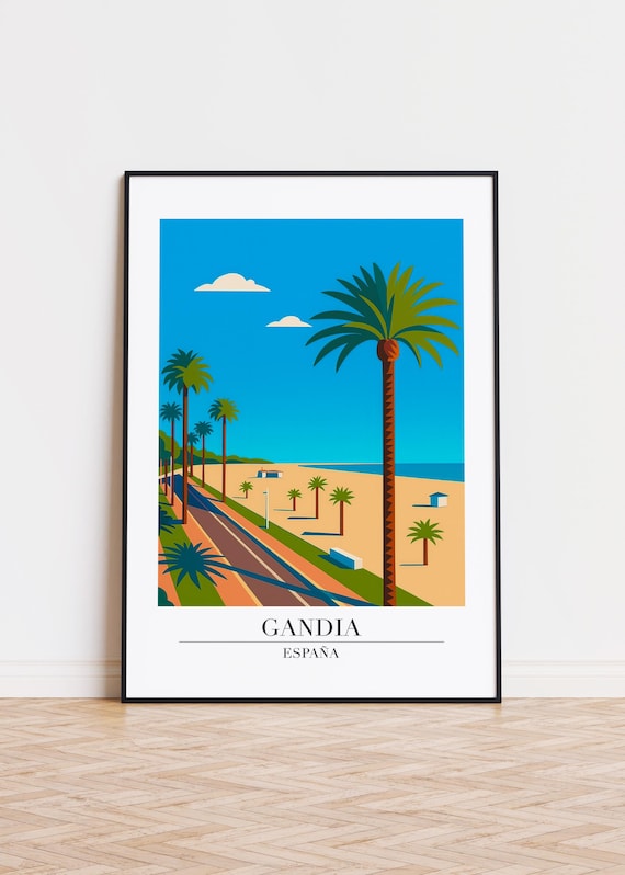 Gandia Spain Palm Lined Beach Promenade Modern Travel Poster Artwork