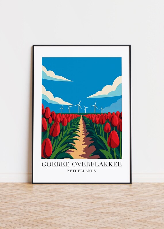 Goeree Overflakkee Red Tulips Wind Turbines Dutch Spring Travel Poster