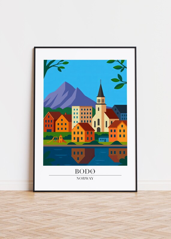 Bodo Norway Town Church Mountain Reflection Colorful Travel Poster