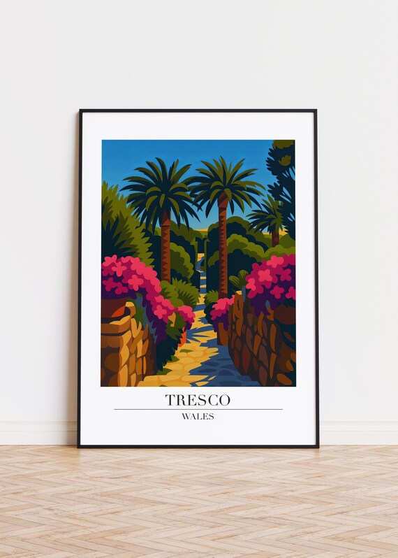 Tresco Wales Palm Tree Path Travel Poster With Colorful Flowers Art