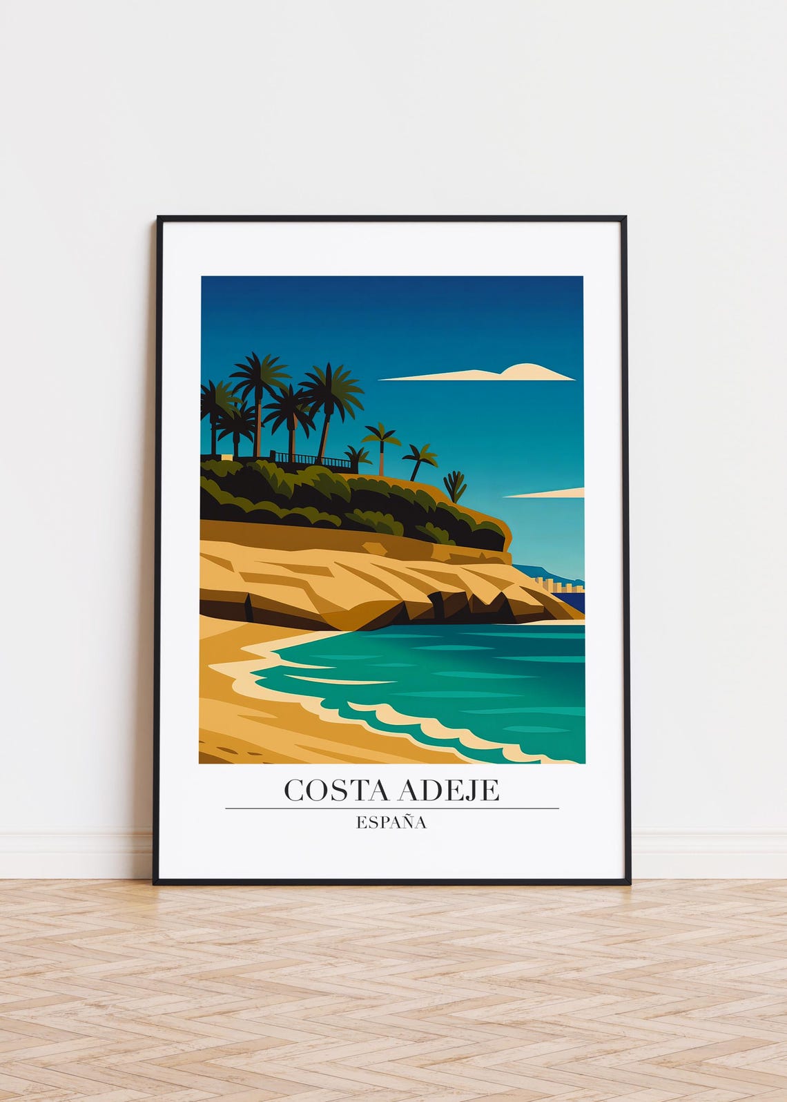 Costa Adeje Spain Poster Palm Topped Cliffs Golden Beach and Sea