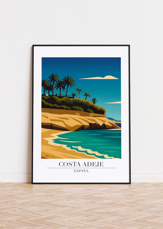 Costa Adeje Spain Poster Palm Topped Cliffs Golden Beach and Sea