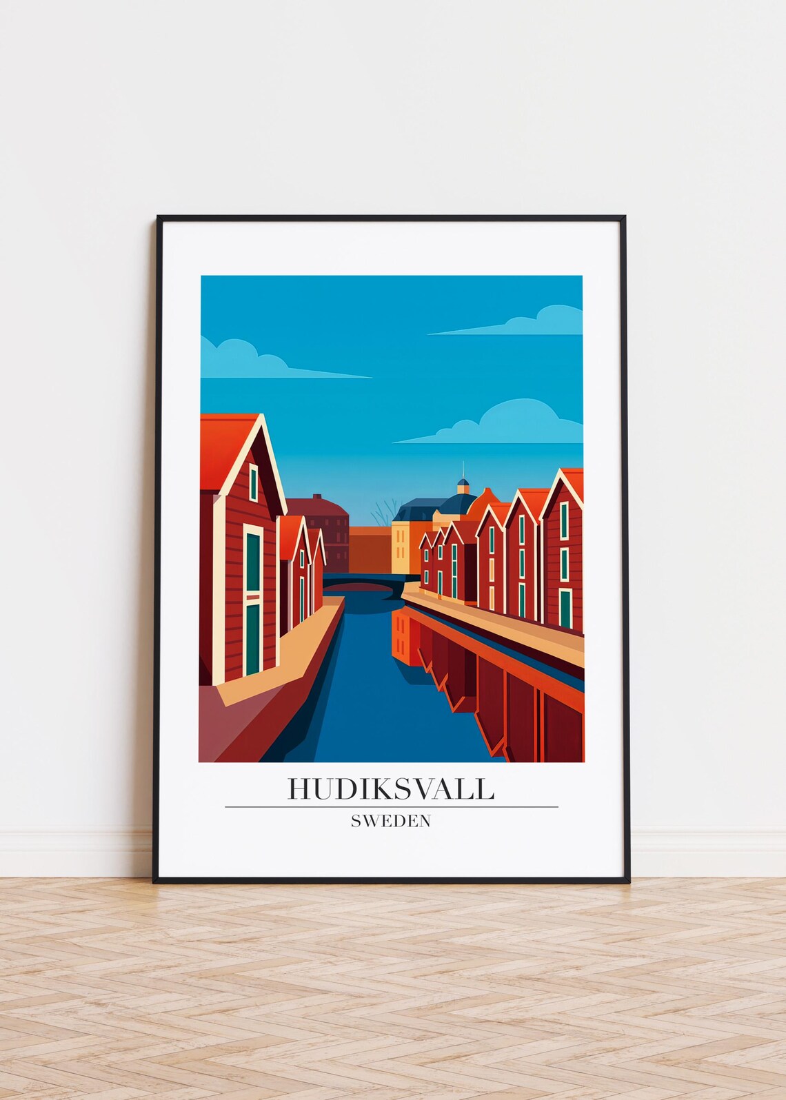 Hudiksvall Sweden Red Canal Warehouses Vintage Travel Poster Waterfront