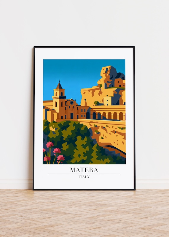 Matera Italy Cliffside Cave City Modern Travel Poster Ancient Stone Art