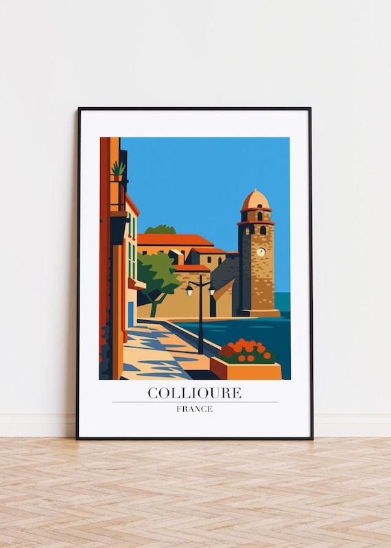 Collioure France Mediterranean Seaside Clock Tower Travel Poster