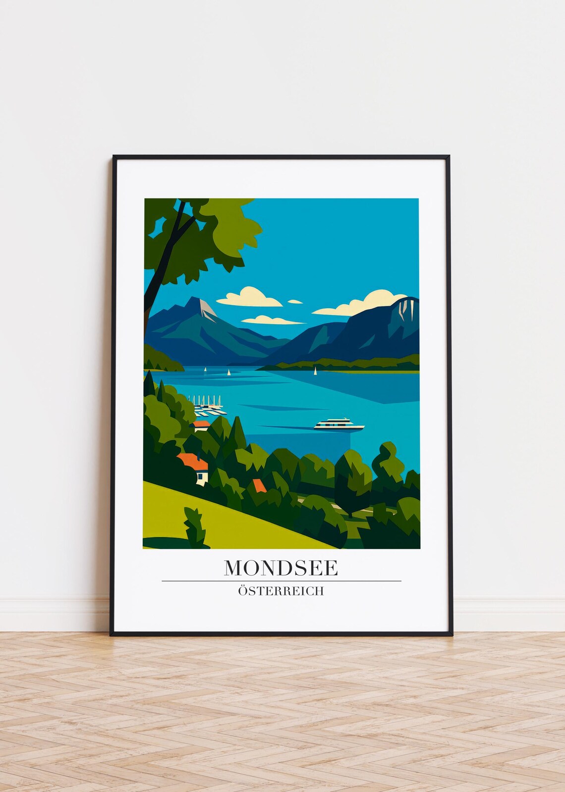Mondsee Austria Vintage Travel Poster Alpine Lake Mountains Boat Scene Decor