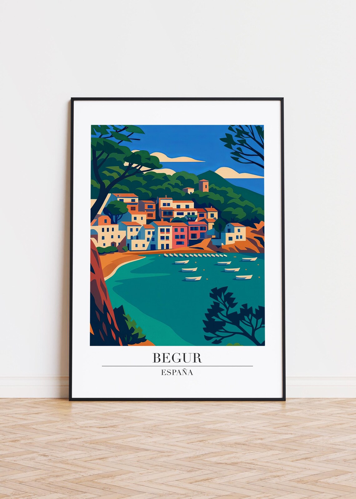 Begur Spain Colorful Fishing Village Bay Boats Retro Travel Poster