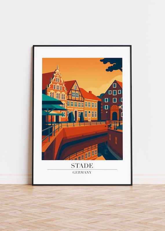 Stade Germany Golden Sunset Canal Half Timbered Town Travel Poster