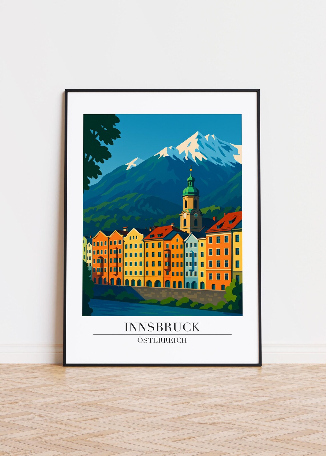 Innsbruck Austria Colorful Riverside Houses Alpine Peaks Travel Poster
