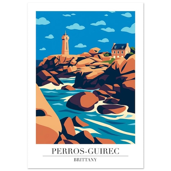 Perros-Guirec Brittany France Pink Granite Lighthouse Retro Travel Poster