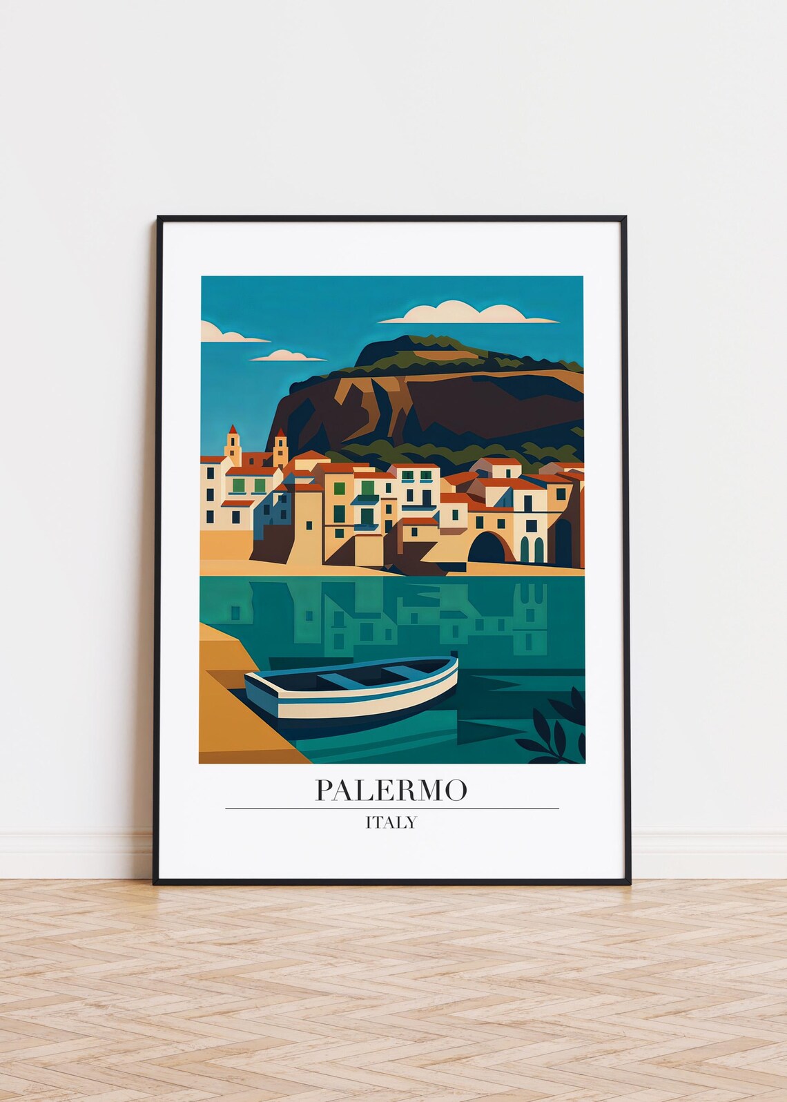 Palermo Italy Harbor Boat Waterfront Village Coastal Travel Poster