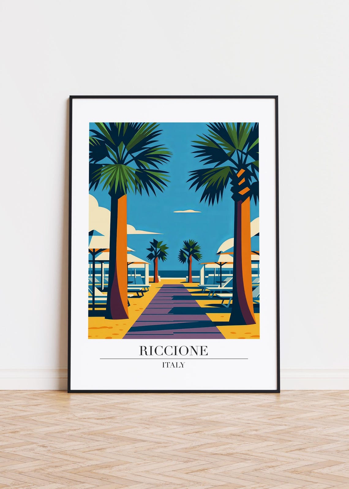 Riccione Italy Palm Trees Beach Boardwalk Summer Travel Poster