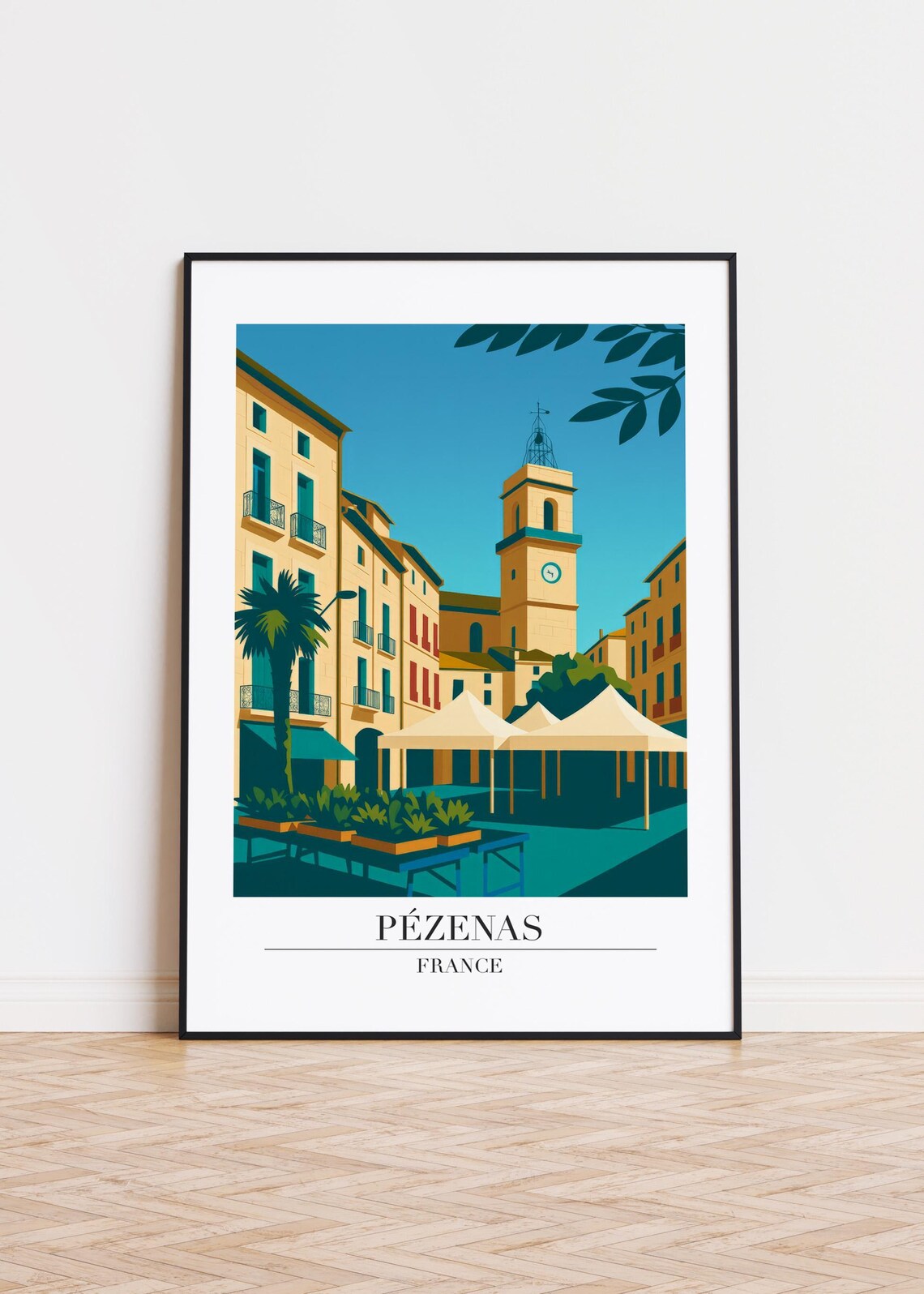 Pezenas France Market Square Bell Tower Retro Travel Poster Art