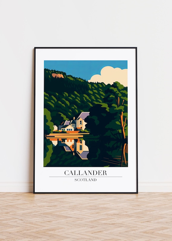 Callander Scotland Lakeside Loch Reflection Modern Travel Art Poster
