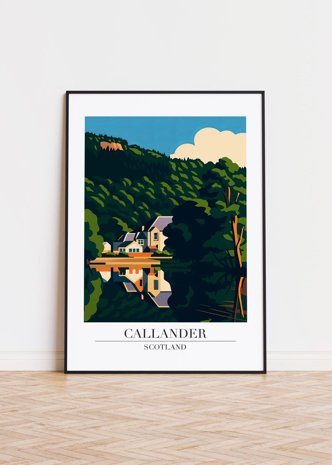 Callander Scotland Lakeside Loch Reflection Modern Travel Art Poster
