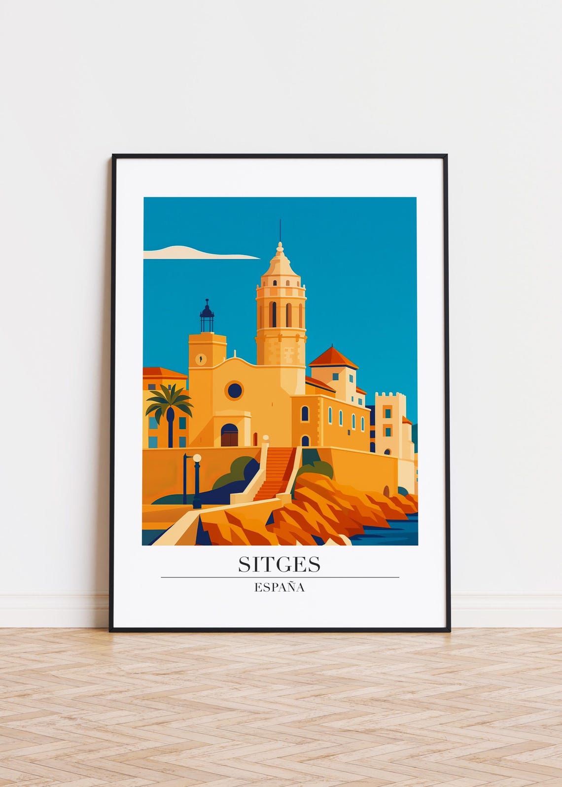 Sitges España Cliffside Church Modern Travel Illustration Poster