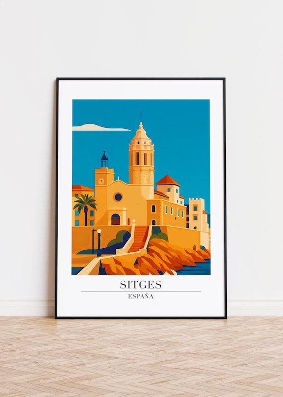 Sitges España Cliffside Church Modern Travel Illustration Poster