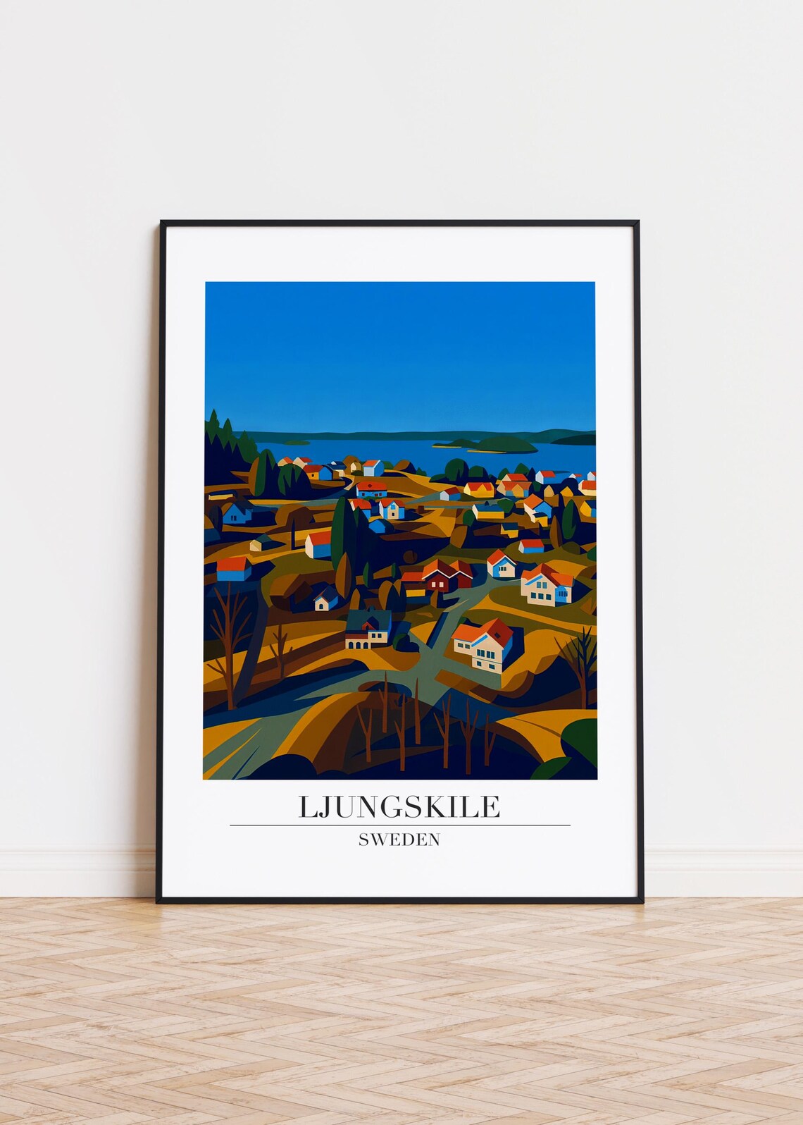 Ljungskile Sweden Travel Poster Hillside Village Lake View Artwork